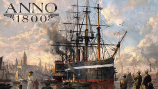 アノー1800（Anno 1800）のタイトルロゴが入った産業革命期の港町のキーアート