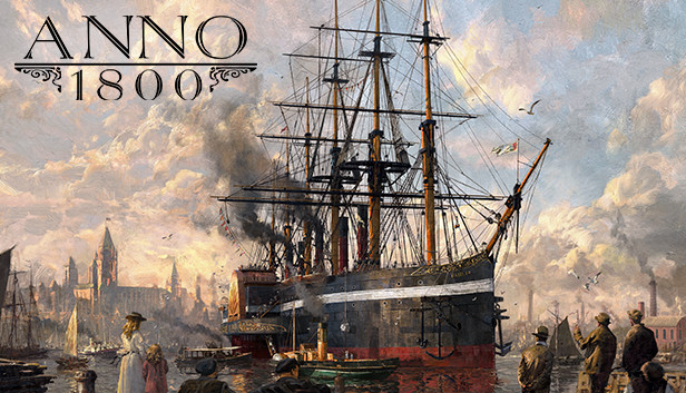 アノー1800（Anno 1800）のタイトルロゴが入った産業革命期の港町のキーアート