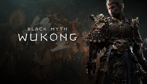 黒神話：悟空 公式キーアート、金色の甲冑を身にまとった孫悟空風の主人公とBLACK MYTH WUKONGロゴ