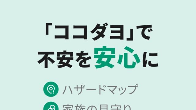 ココダヨの「不安を安心に」タイトルと主な機能一覧（ハザードマップ・家族の見守り・プライバシー配慮・家族専用チャット・不審者情報・津波警報・避難所ナビ）を紹介する公式App Storeスクリーンショット