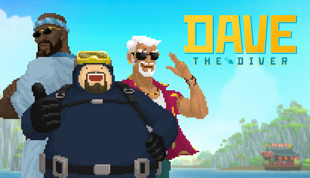 デイヴ・ザ・ダイバーのキービジュアル。デイヴ、バンチョ、コブラの3人とDAVE THE DIVERのロゴ