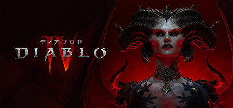 ディアブロIVのSteamストアヘッダー画像。悪魔化したリリスとDIABLO IVのロゴ