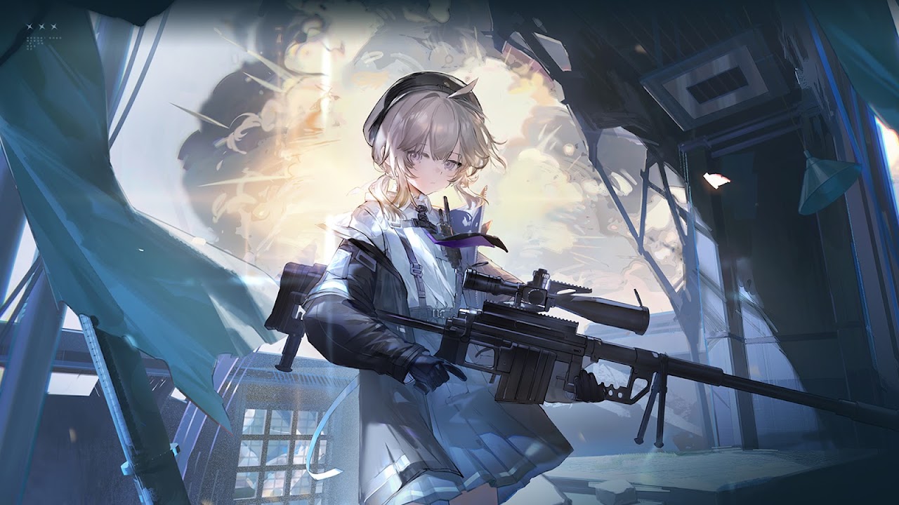 爆発を背景に佇む狙撃手タイプの人形のイラスト