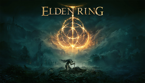 ELDEN RINGのキービジュアル。黄金樹と輪の紋章、たたずむ主人公のロゴアートワーク