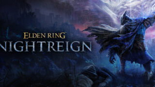 ELDEN RING NIGHTREIGNのキーアート。夜の荒野に立つ夜渡りキャラクターとゲームロゴ