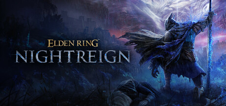 ELDEN RING NIGHTREIGNのキーアート。夜の荒野に立つ夜渡りキャラクターとゲームロゴ