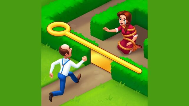 ガーデンスケイプ（Gardenscapes）のアプリアイコンイラスト、鍵を持って庭を走る執事オースティン