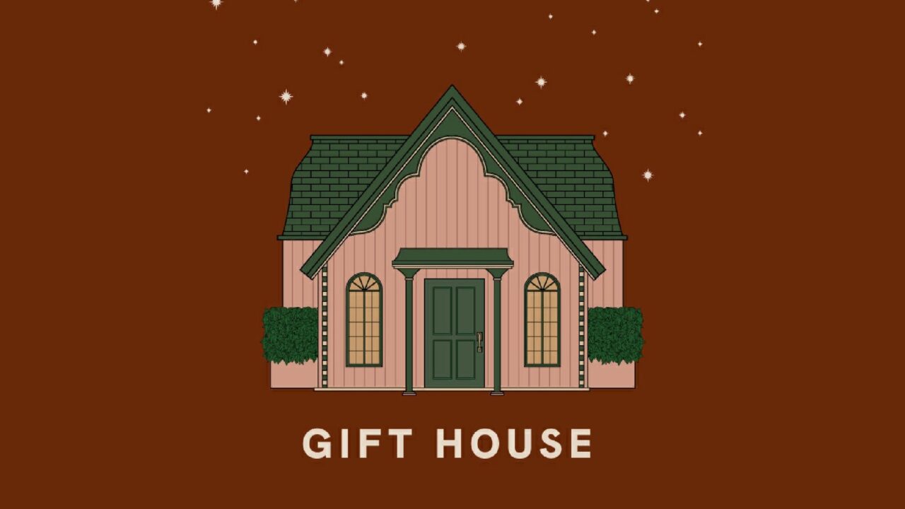 脱出ゲーム:GIFT HOUSEのタイトル画面。ピンクの外壁と緑屋根のかわいい一軒家イラストとGIFT HOUSEのロゴ