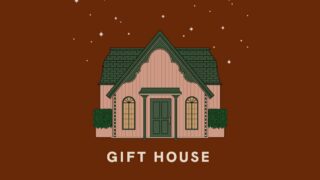 脱出ゲーム:GIFT HOUSEのタイトル画面。ピンクの外壁と緑屋根のかわいい一軒家イラストとGIFT HOUSEのロゴ