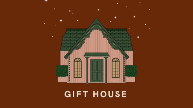 脱出ゲーム:GIFT HOUSEのタイトル画面。ピンクの外壁と緑屋根のかわいい一軒家イラストとGIFT HOUSEのロゴ