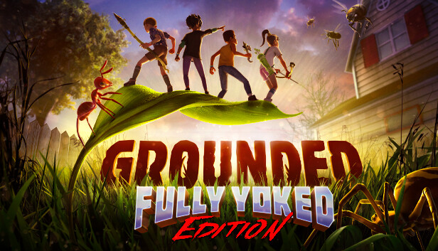 グラウンデッド Fully Yoked Edition のキーアート、4人の子どもたちが葉っぱの上でアリと一緒に虫たちに立ち向かう