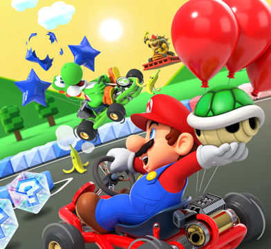 マリオカート ツアーのタイトルロゴとキャラクターが並ぶキービジュアル