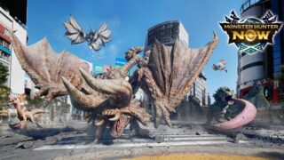 モンスターハンターNowの公式ビジュアル。渋谷の街に大型モンスターが出現し、公式ロゴが表示されている
