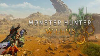 モンスターハンターワイルズのSteamカプセル画像。セクレトに乗ったハンターと砂漠のフィールド、MONSTER HUNTER WILDSのロゴ