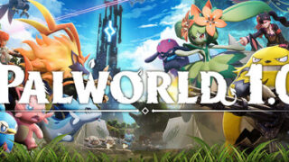 Palworldの公式Steamヘッダー画像、パルたちとPALWORLD 1.0のロゴ
