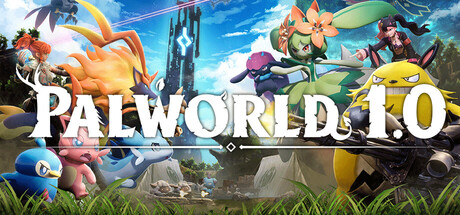 Palworldの公式Steamヘッダー画像、パルたちとPALWORLD 1.0のロゴ