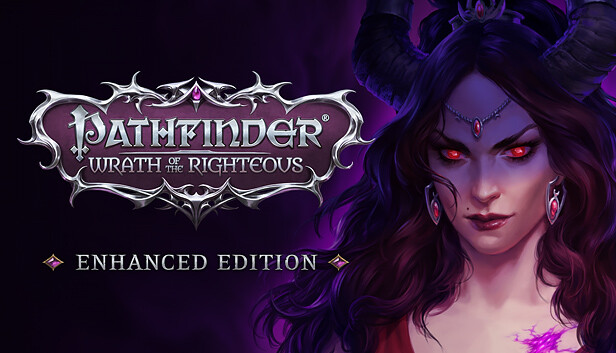 パスファインダー：Wrath of the Righteous Enhanced Editionのロゴと悪魔の角を持つキャラクターが描かれたSteamキーアート