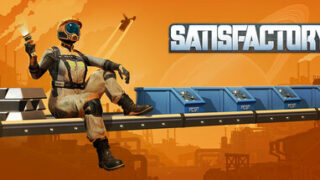 Satisfactoryのキーアート。SATISFACTORYのロゴとキャラクター、ベルトコンベアが描かれている