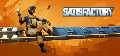 Satisfactoryのキーアート。SATISFACTORYのロゴとキャラクター、ベルトコンベアが描かれている