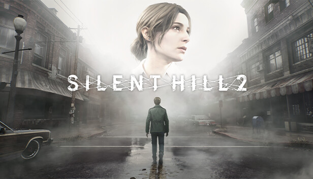 サイレントヒル2 リメイク版の公式キーアート。霧の街を背景にジェイムスとマリアが描かれ、SILENT HILL 2のロゴが入っている