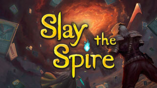 スレイ・ザ・スパイアのSteamストアページのキービジュアル、タイトルロゴとカードが舞う演出