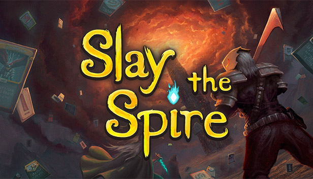 スレイ・ザ・スパイアのSteamストアページのキービジュアル、タイトルロゴとカードが舞う演出