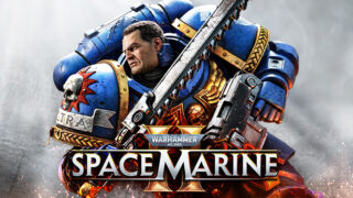 Warhammer 40,000: Space Marine 2 の公式キーアート、パワードアーマーのスペースマリーンとロゴ
