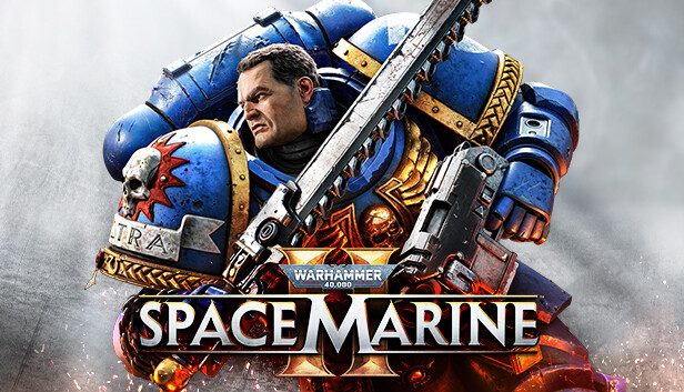 Warhammer 40,000: Space Marine 2 の公式キーアート、パワードアーマーのスペースマリーンとロゴ