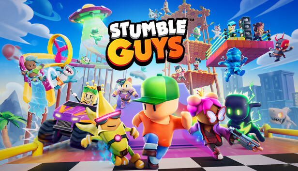 スタンブルガイズ（Stumble Guys）のキービジュアル、ロゴとキャラクターが並ぶ様子