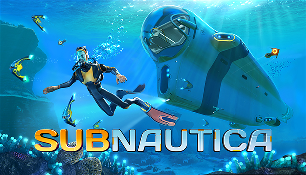 海洋惑星でシーモス潜水艇と泳ぐ主人公と「SUBNAUTICA」のロゴが入ったキービジュアル