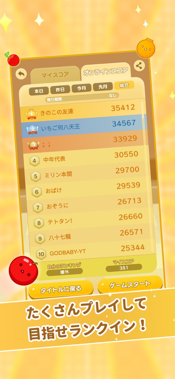スイカゲームのオンラインランキング画面。日別・総合ランキングと自分のスコアが表示されている