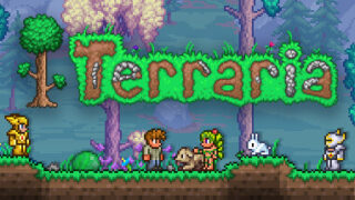 テラリアのSteamヘッダー画像、緑の草と木々の中にTerrariaのロゴが表示されている