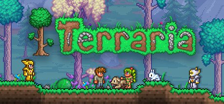 テラリアのSteamヘッダー画像、緑の草と木々の中にTerrariaのロゴが表示されている