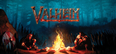 ヴァルヘイムのSteamヘッダー画像、焚き火を囲むバイキングとVALHEIMのロゴ