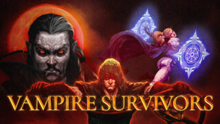 Vampire Survivorsのキーアート。吸血鬼の男とヴァンパイアハンターの女性キャラクター、ゲームロゴが描かれている