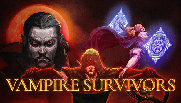 Vampire Survivorsのキーアート。吸血鬼の男とヴァンパイアハンターの女性キャラクター、ゲームロゴが描かれている