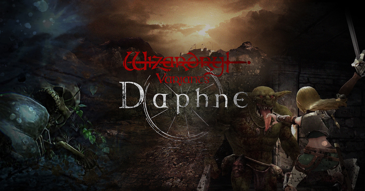 Wizardry Variants Daphne 公式キービジュアル、ロゴと冒険者・魔物が描かれたバナー画像