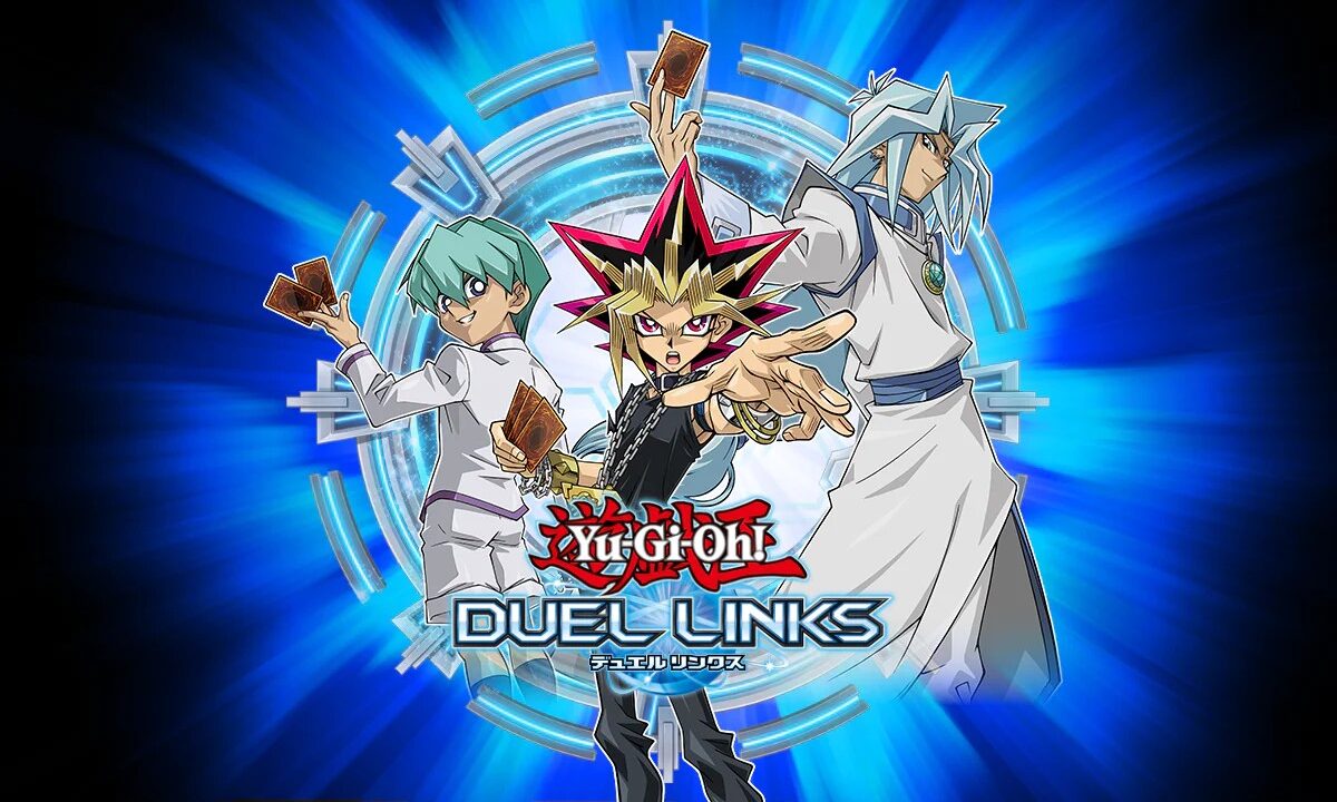遊戯王デュエルリンクスの公式キービジュアル（闇遊戯・海馬瀬人・城之内克也）