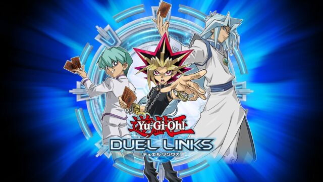 遊戯王デュエルリンクスの公式キービジュアル（闇遊戯・海馬瀬人・城之内克也）